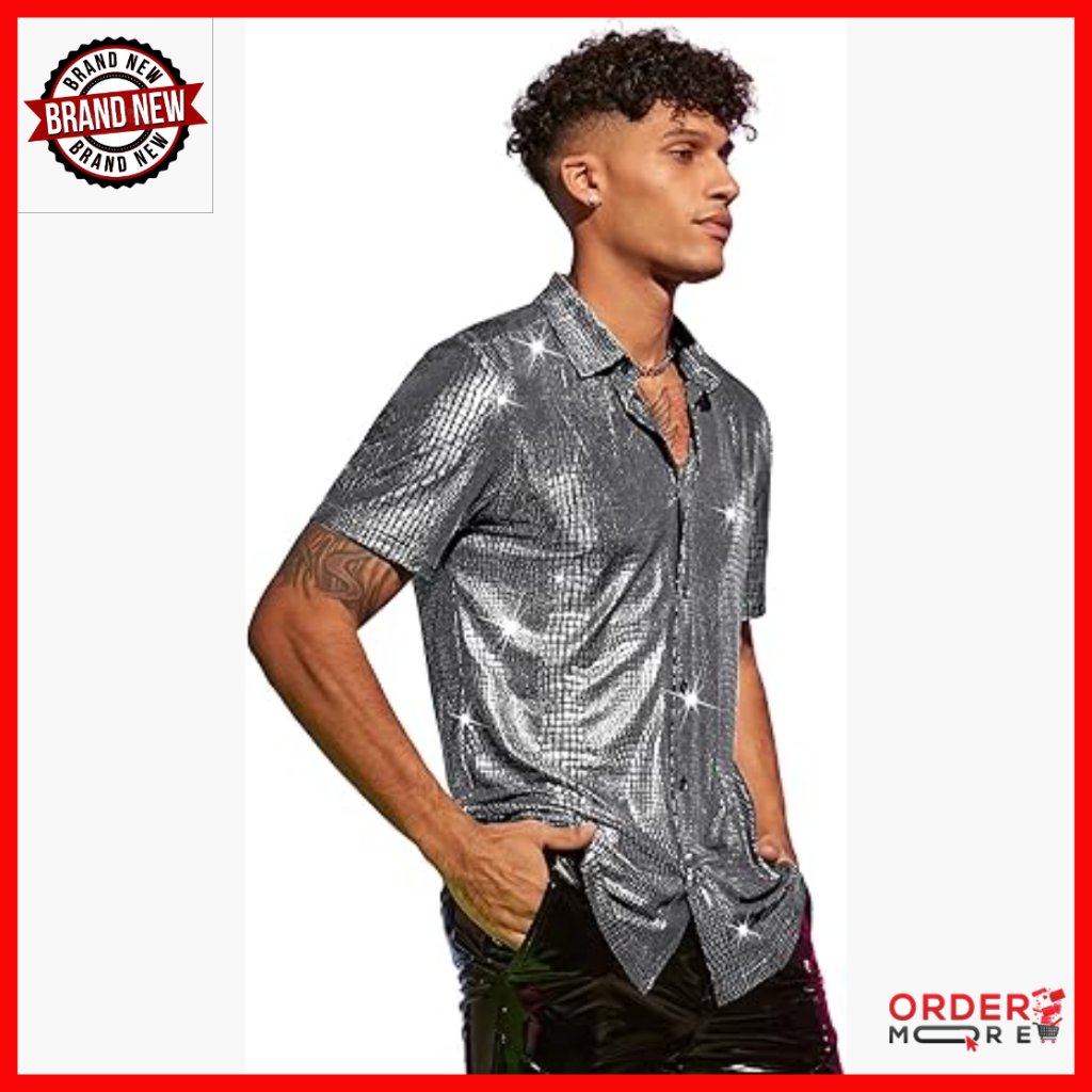 Men's Slim Fit Metallic Crocodile Pattern Disco Button Down Shirt Short Sleeve